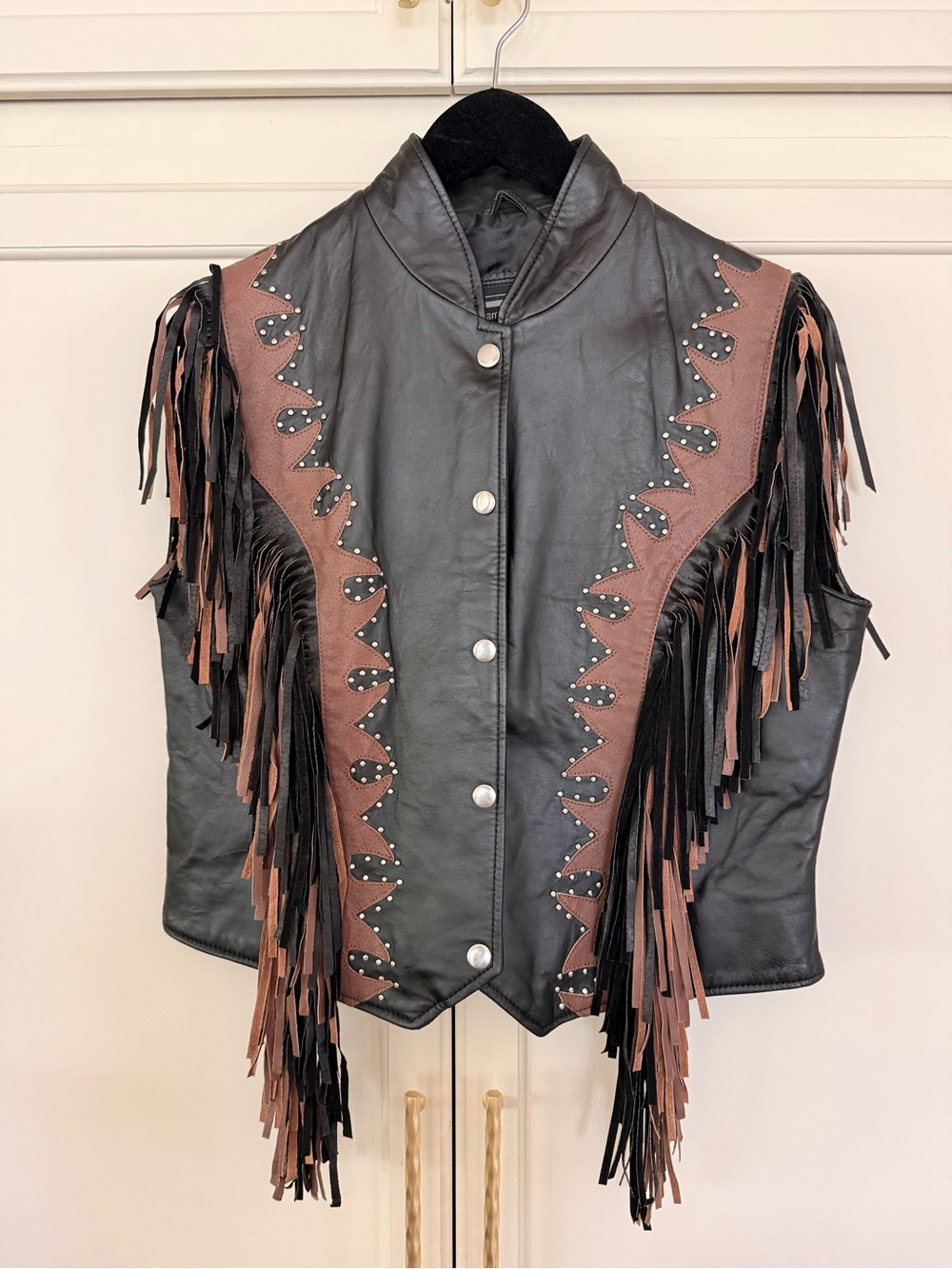 Diamond Plate Genuine Leather Biker Vest with Fringe & Studs, Size M